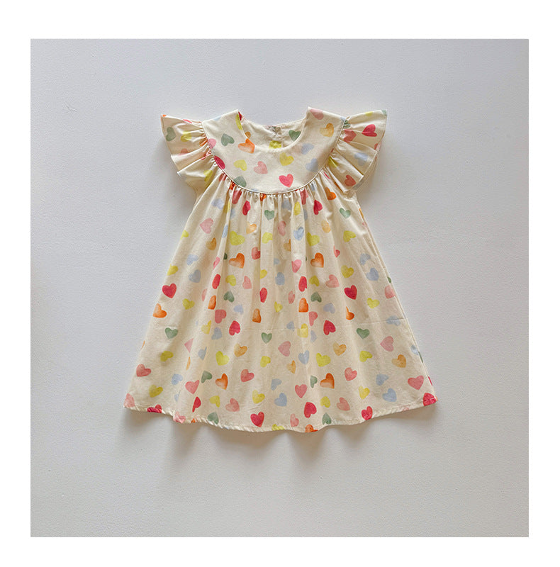 Summer Baby Kids Girls Fly Sleeves Colorful Heart Pattern Dress