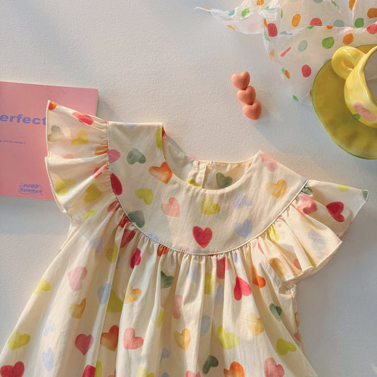 Summer Baby Kids Girls Fly Sleeves Colorful Heart Pattern Dress